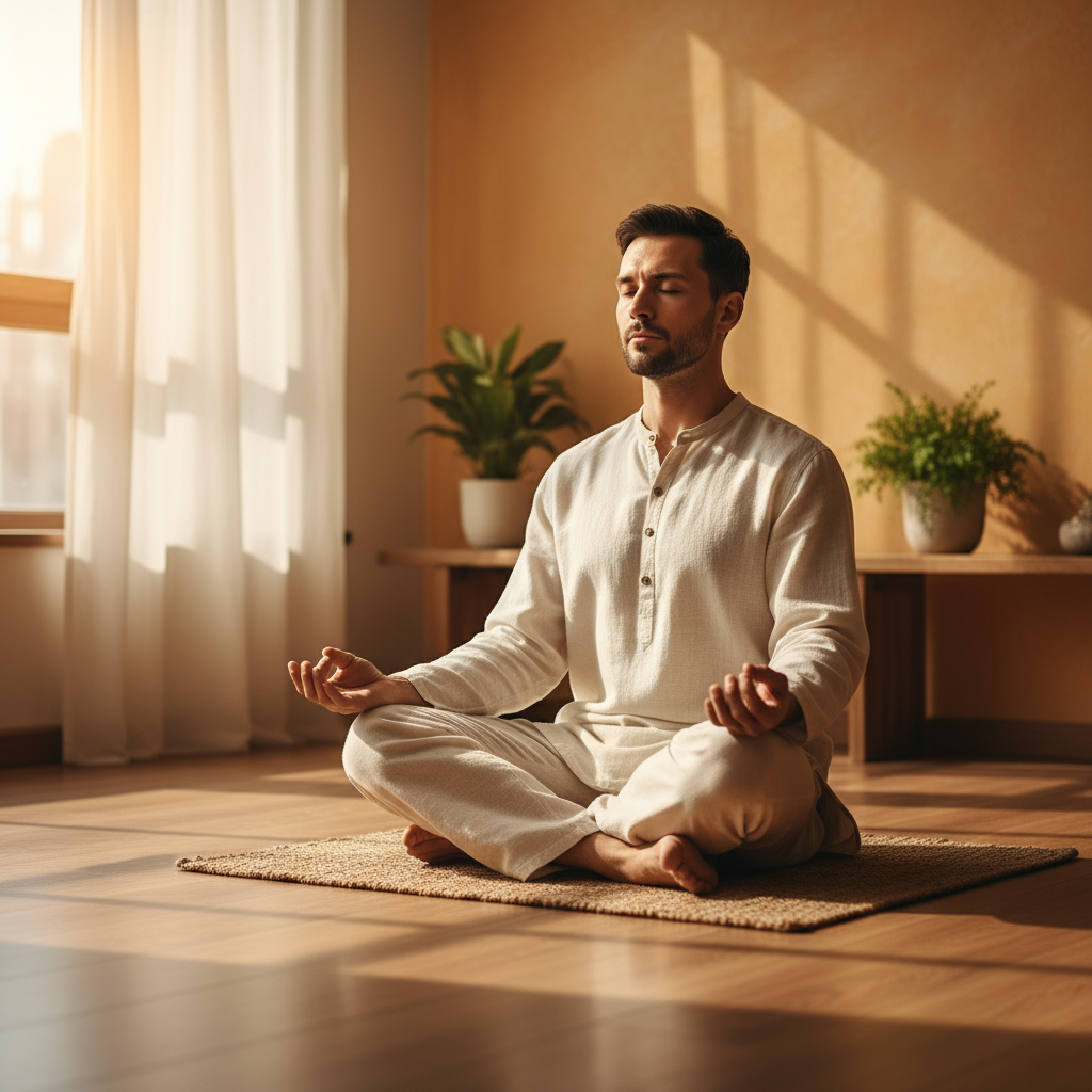 Homme pratiquant la méditation en position assise sur un tapis naturel dans une pièce lumineuse aux tons chauds, les yeux fermés, dans une posture de calme et de concentration