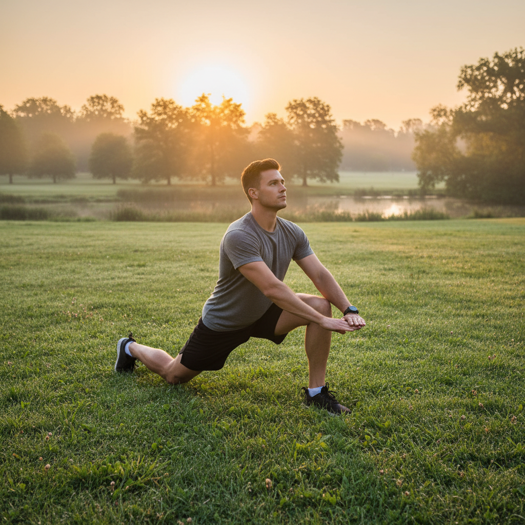 Homme effectuant un étirement fonctionnel en plein air sur un sol herbeux, dans un parc au lever du soleil, illustrant l'intégration du mouvement conscient dans la vie quotidienne