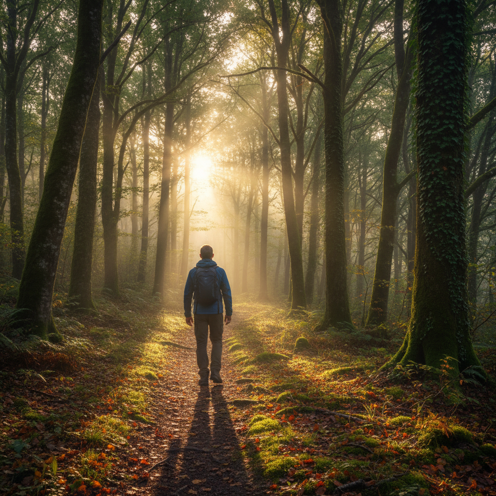 Homme marchant seul sur un sentier forestier au petit matin, entouré d'arbres aux lumières tamisées, illustrant une marche active dans la nature