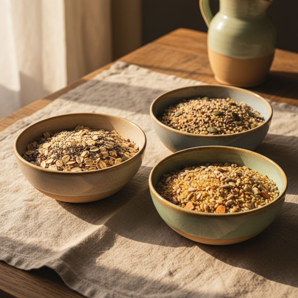 Bols en céramique artisanale contenant différentes céréales complètes et graines, placés sur une nappe en lin naturel dans une lumière chaude et dorée